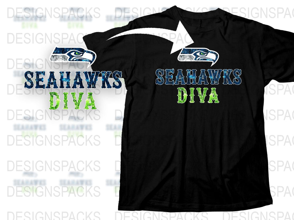 Seahawks Diva T-Shirt, Sparkling Green and Blue Text, Sports Fan Apparel for Women, Trendy Football Fashion Top