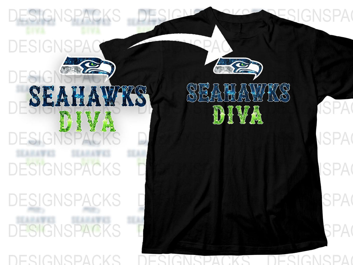 Seahawks Diva T-Shirt, Sparkling Green and Blue Text, Sports Fan Apparel for Women, Trendy Football Fashion Top