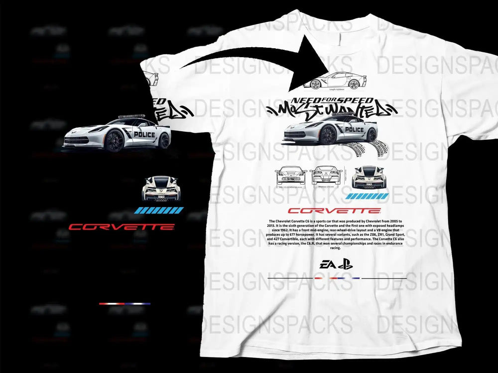 Need for Speed Most Wanted Corvette C6 police car t-shirt design with technical specs and EA PlayStation logos