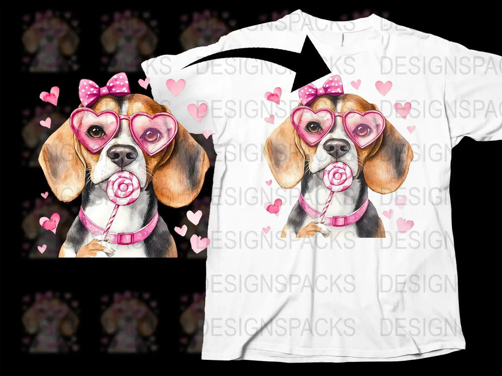 Beagle with heart glasses and lollipop, pink bow, hearts on white t-shirt design