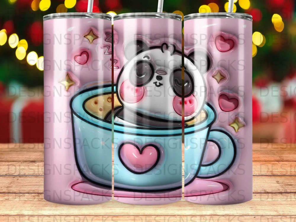 Panda peeking from a blue coffee mug with pink heart details.