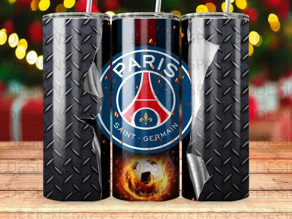 Paris Saint-Germain logo with soccer ball on a textured tumbler.