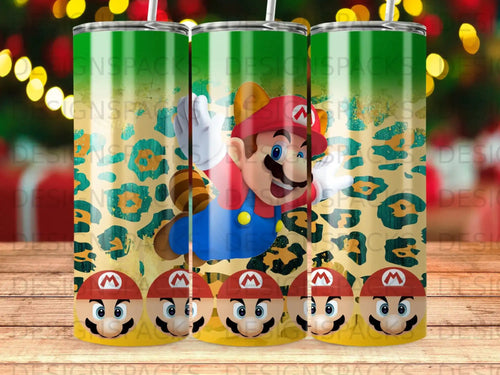 Super Mario characters on a leopard print background with green stripes.