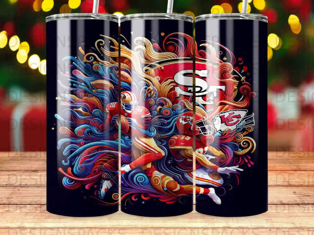 San Francisco 49ers players with team logo and colorful abstract designs.