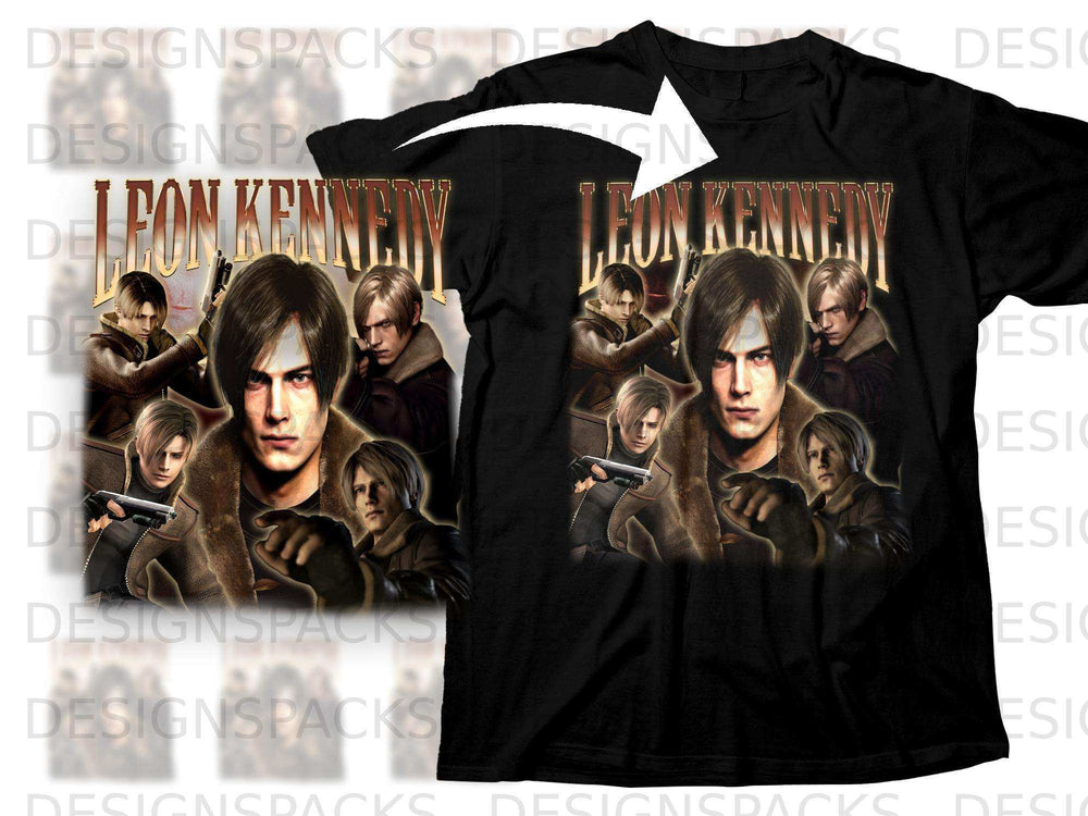 Leon Kennedy from Resident Evil 4 artwork on a black t-shirt.