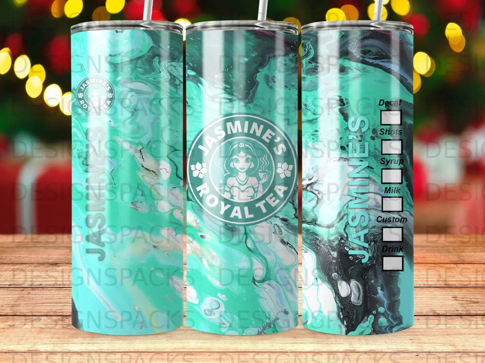 Jasmine's Royal Tea tumbler with teal and white marbling and menu labels.