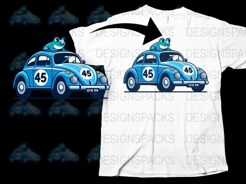 Blue race car with frog on roof, number 45, printed on white t-shirt