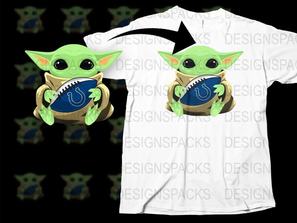 Baby Yoda holding football with Colts logo, printed on white t-shirt design