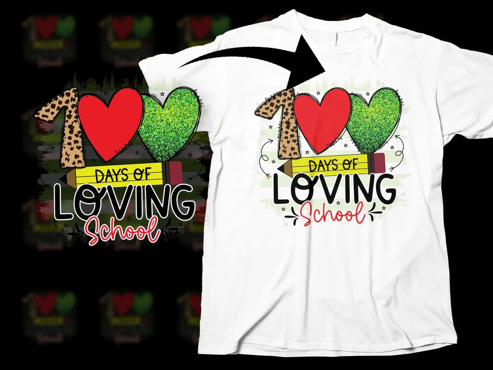 Teacher T-Shirt, 100 Days of Loving School, Heart Glitter Leopard Print, Educational Graphic Tee, Casual Unisex Style, School Celebration