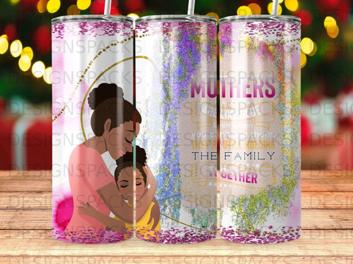 Mother and child hugging, with text about family.