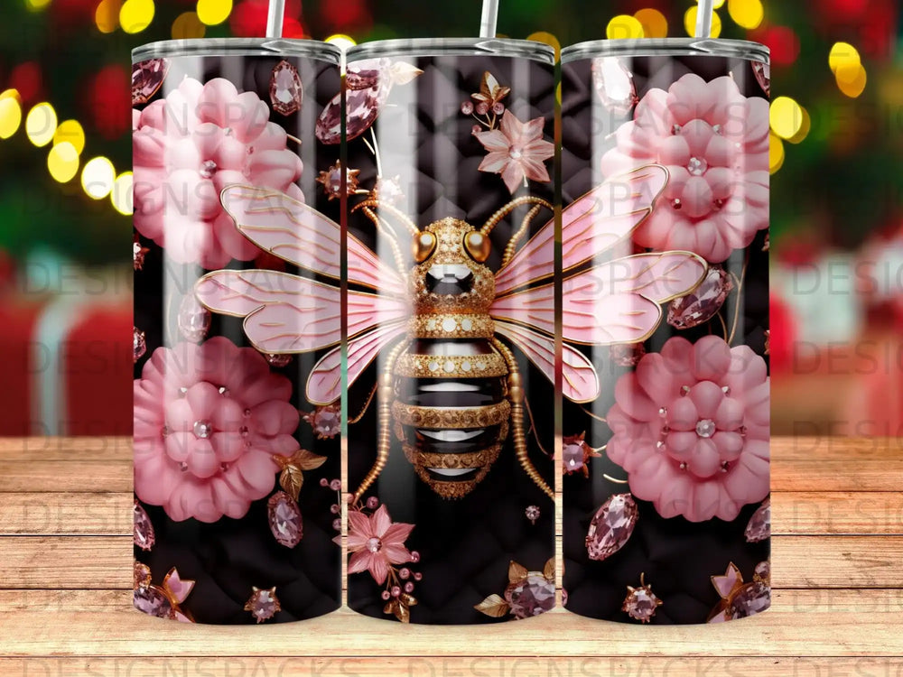 Pink and gold bee with jeweled flowers on black quilted background.