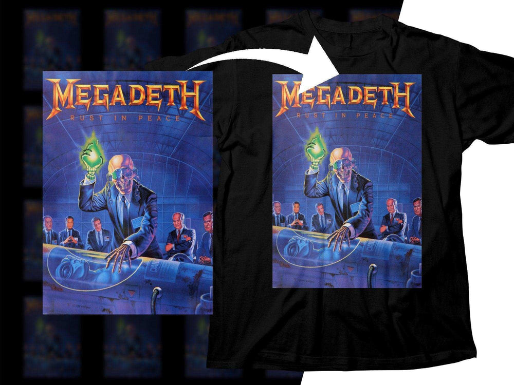 Megadeth Rust in Peace album art printed on black t-shirt, featuring skull in suit with green glow