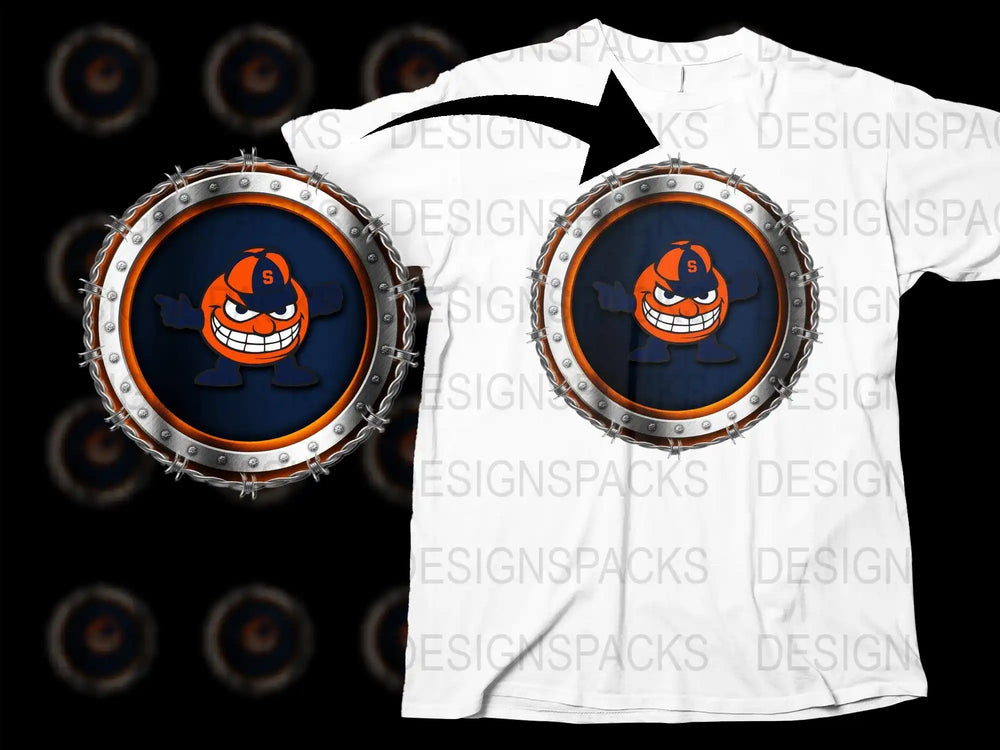 Print-ready DTF/DTG design of cartoon mascot in metal frame, perfect for t-shirts and apparel