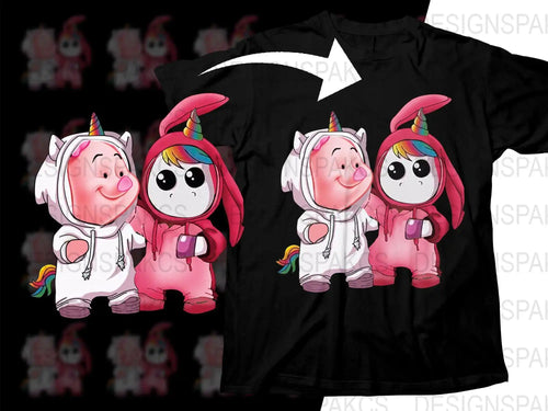 Cute unicorn pig and bunny in hoodies on black t-shirt, print-ready design for DTG/DTF