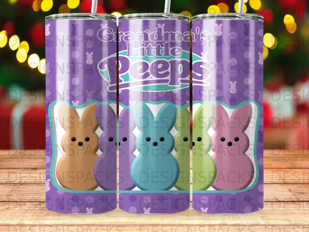 Purple tumbler with "Grandma's Little Peeps" and colorful bunny outlines.