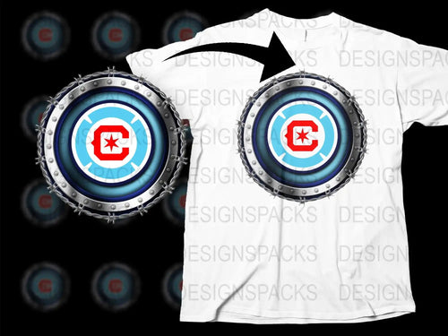 Chicago Cubs-inspired t-shirt design with metallic circular frame and red 'C' logo