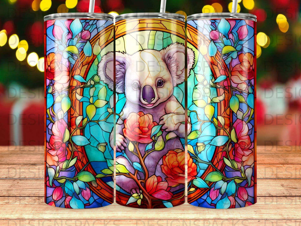 Koala surrounded by stained glass floral pattern and colorful lights.