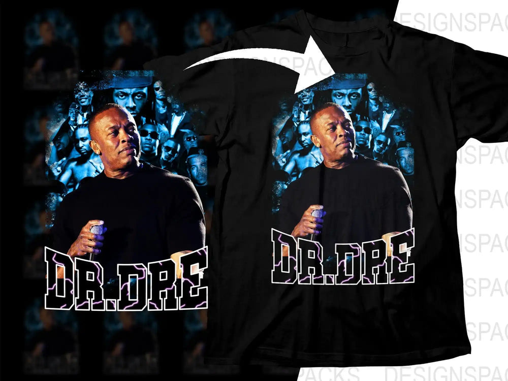 Dr. Dre t-shirt design with lightning text and group collage, print-ready for DTG/DTF