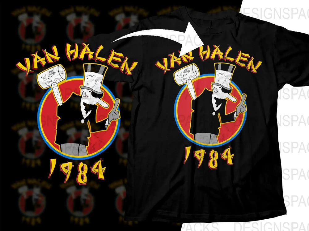 Van Halen 1984 band t-shirt design with cartoon mascot, print-ready for DTF DTG