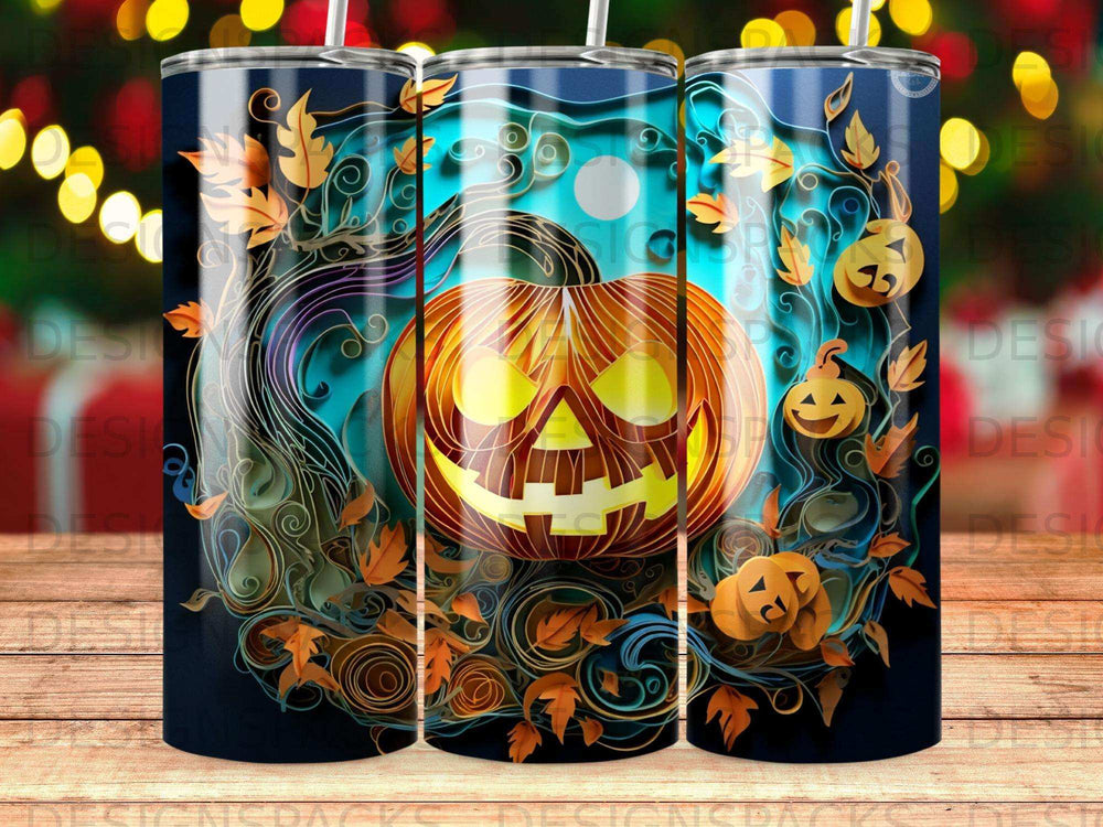 Jack-o'-lantern with swirling leaves and pumpkins on a dark, blue background.