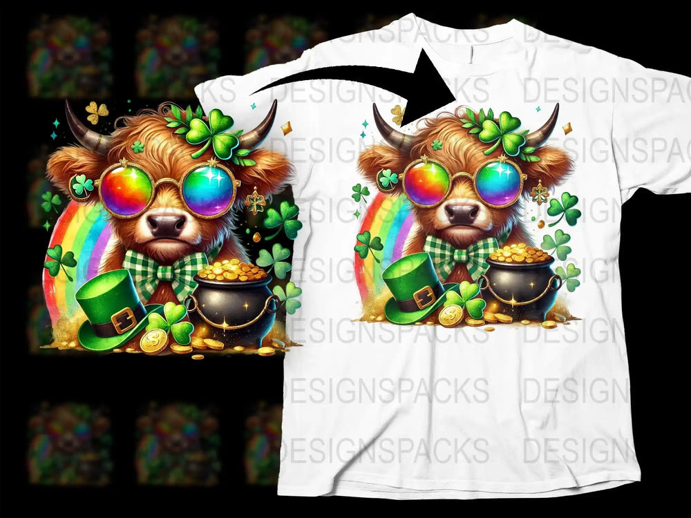 St. Patrick's Day Highland cow design with rainbow, shamrocks, gold coins, and pot of gold on t-shirt
