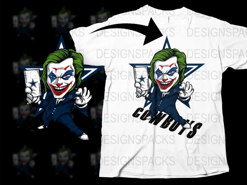 Joker holding Cowboys card on white t-shirt, print-ready design for DTF/DTG