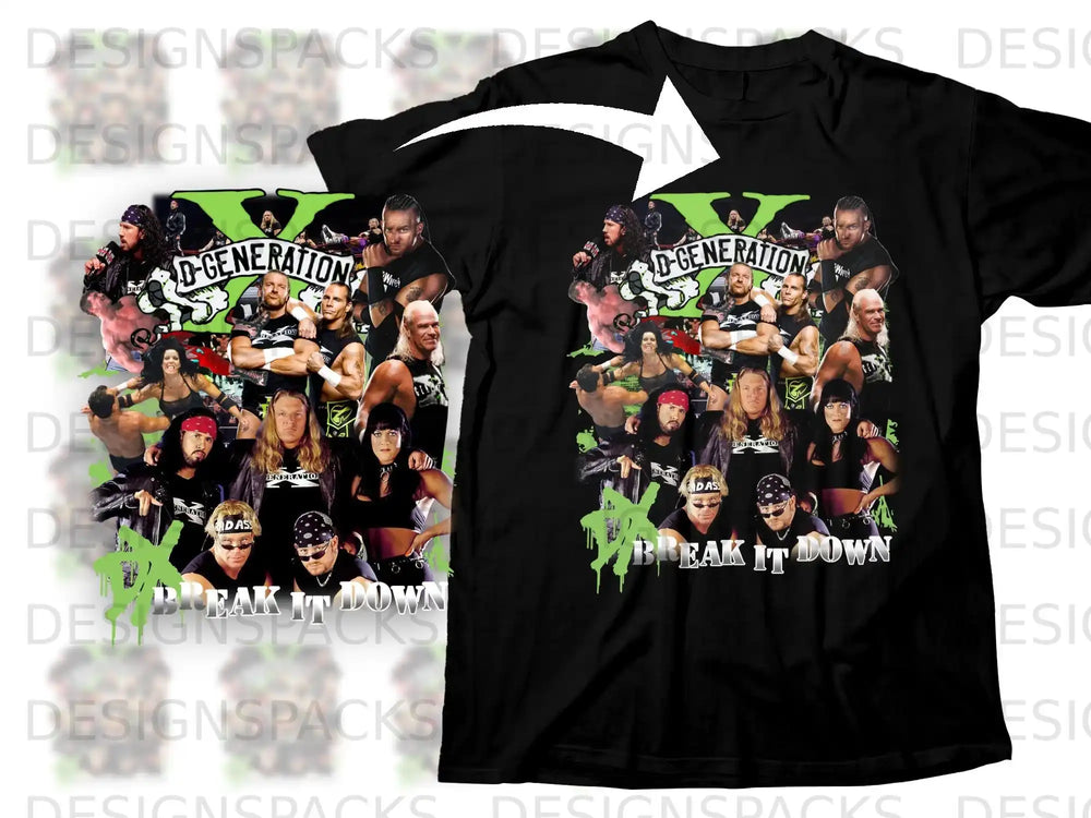 Black t-shirt featuring D-Generation X graphic with "Break It Down" text.