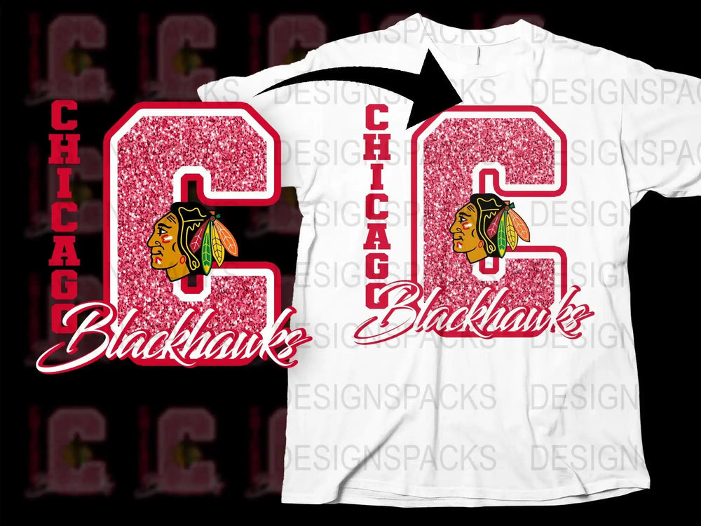 Chicago Blackhawks glitter C logo t-shirt design, print-ready PNG for DTG/DTF