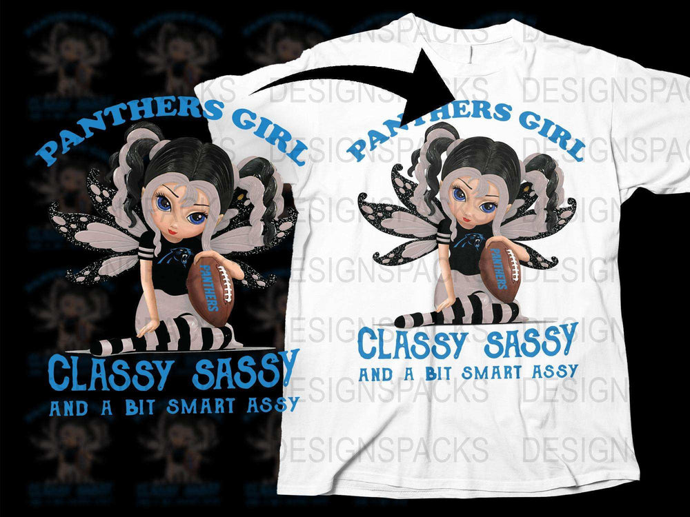 Panthers Girls Themed T-Shirt, Classy Sassy Smartassy Design, Cute Fairy with Football Graphic Tee