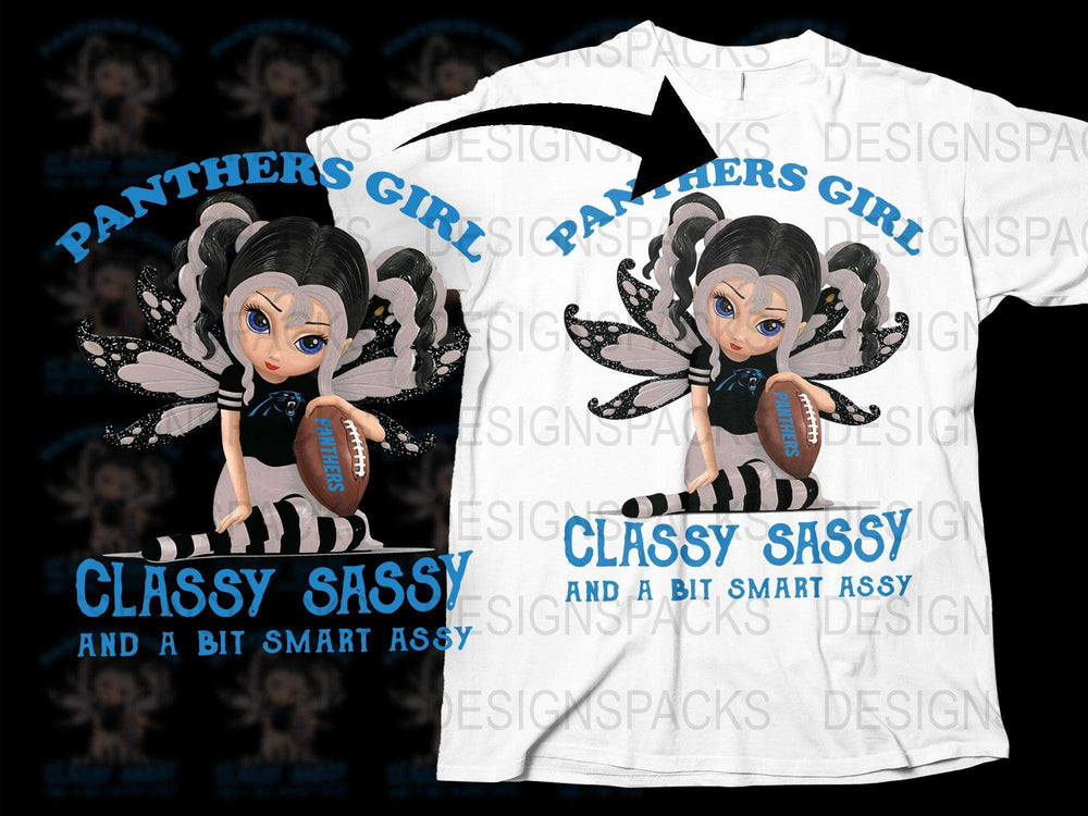 Panthers Girls Themed T-Shirt, Classy Sassy Smartassy Design, Cute Fairy with Football Graphic Tee