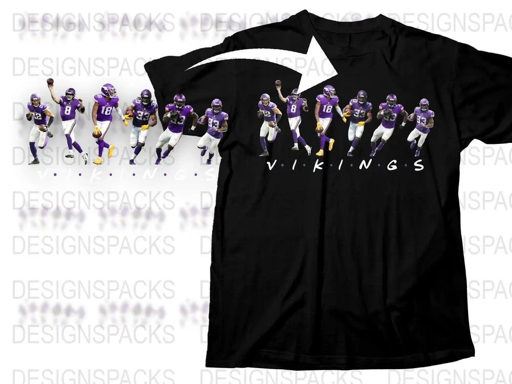 Black t-shirt with Minnesota Vikings football players design, print-ready for DTG or DTF