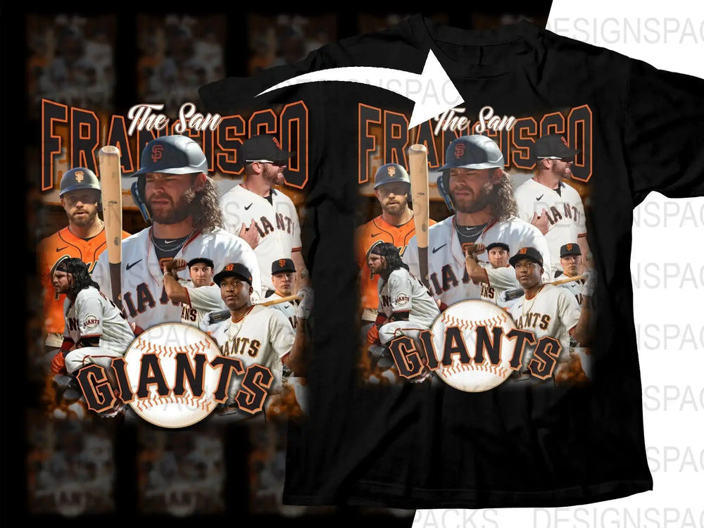 San Francisco Giants baseball team collage design on black t-shirt, print-ready for DTF DTG