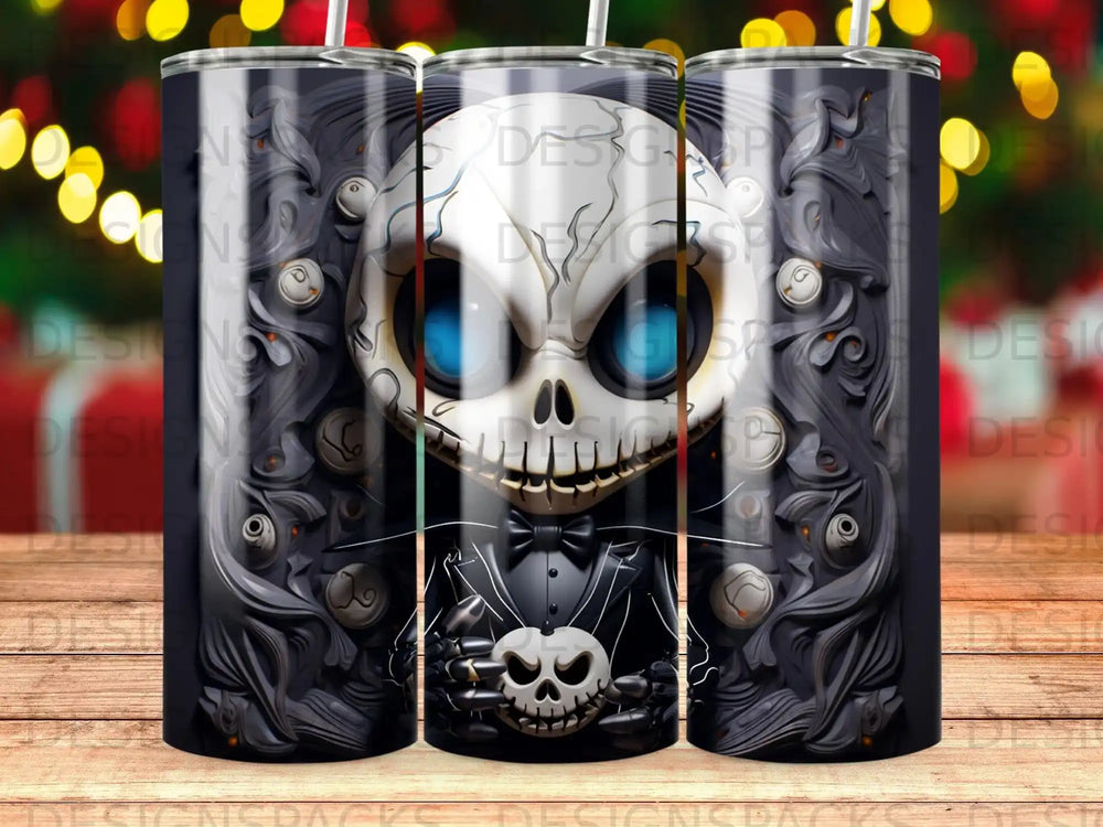 Jack Skellington skull design on a black tumbler with blue eyes and a suit.
