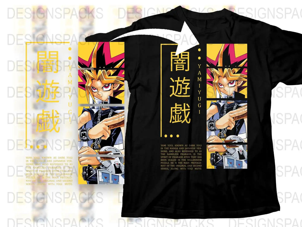 Yami Yugi anime t-shirt design with bold yellow text and manga-style artwork for DTG printing