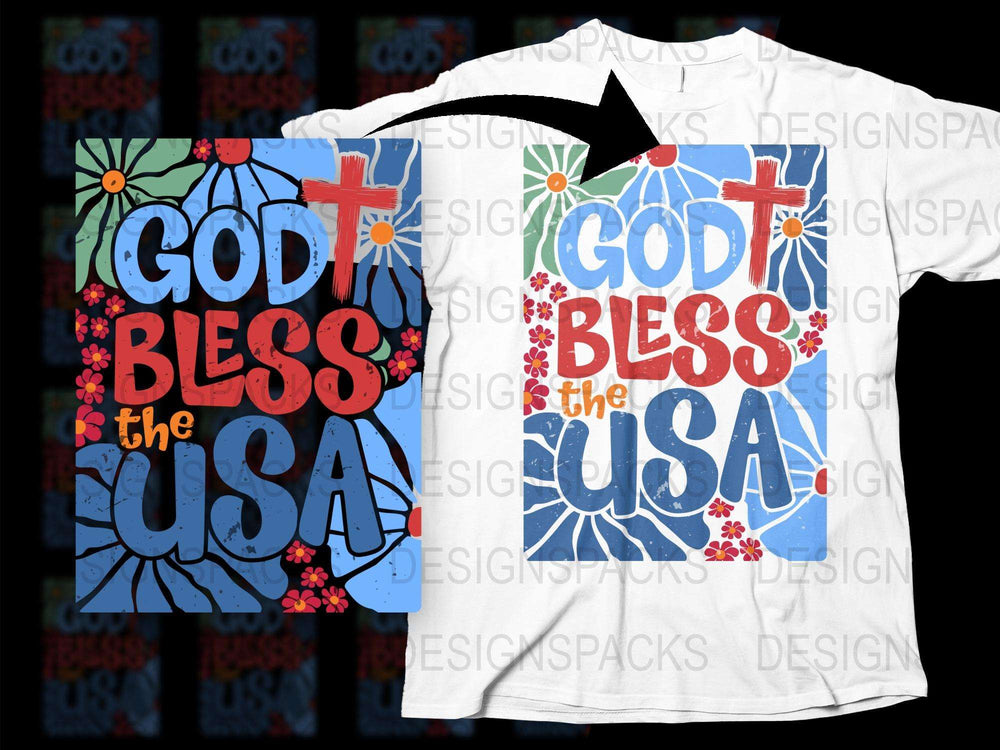 Patriotic T-Shirt God Bless The USA Floral Design Unisex Tee American Pride Top