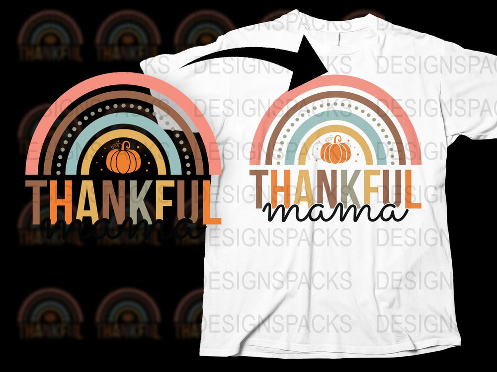 Thankful Mama T-Shirt, Boho Rainbow Pumpkin Graphic Tee, Fall Fashion, Thanksgiving Day Apparel for Women