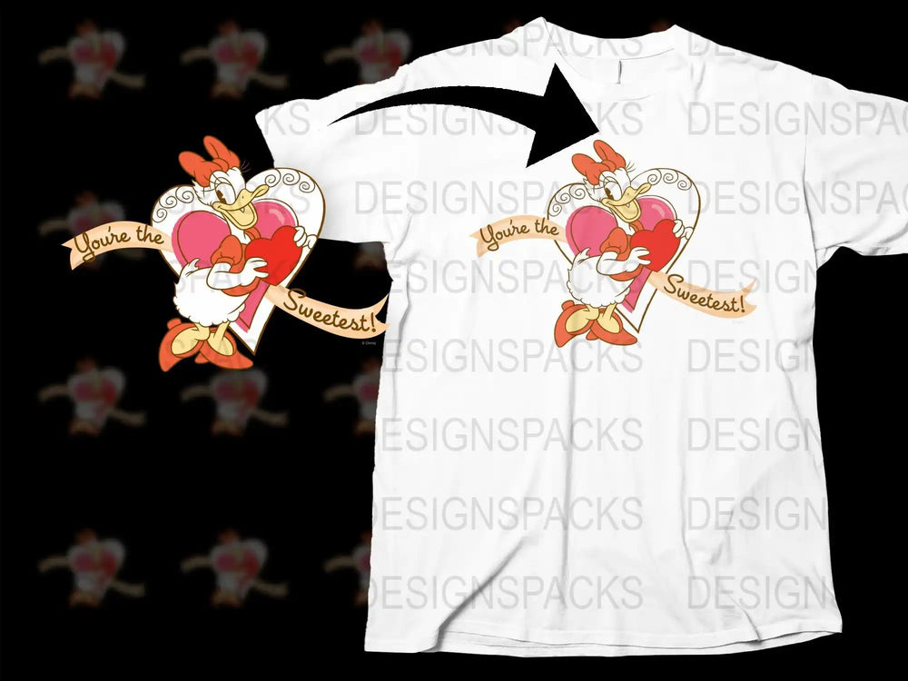 Daisy Duck holding hearts with 'You're the Sweetest!' on white t-shirt, print-ready design