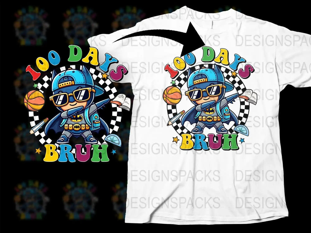 100 Days Bruh Batman-themed t-shirt design with colorful text and checkered background