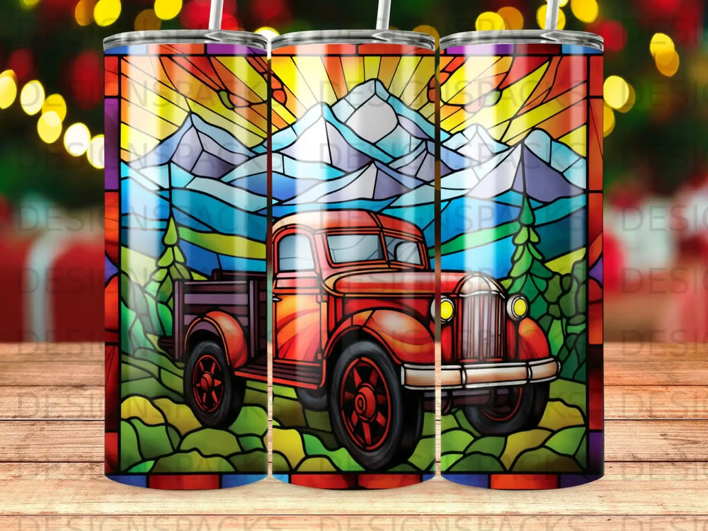 Red vintage truck against a stained glass mountain landscape.