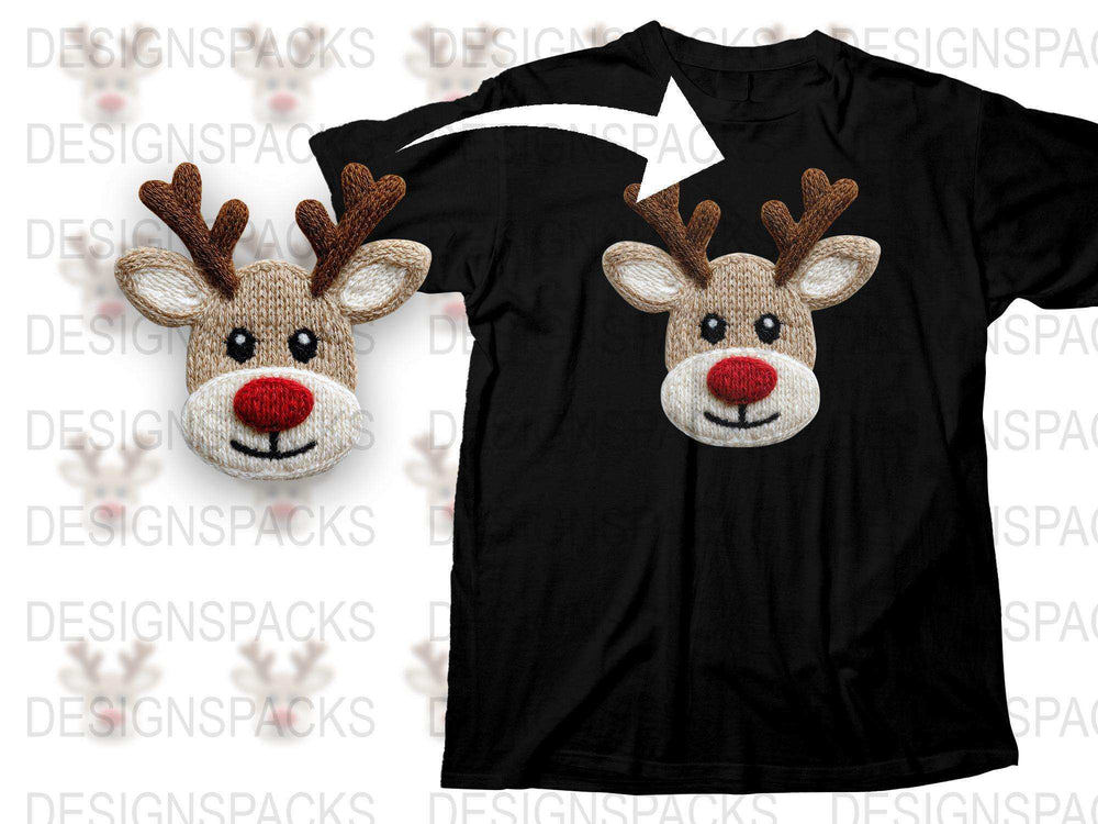 Cute Reindeer Face T-Shirt, Christmas Holiday Tee, Unisex Kids and Adults Black Shirt with 3D Antlers Design