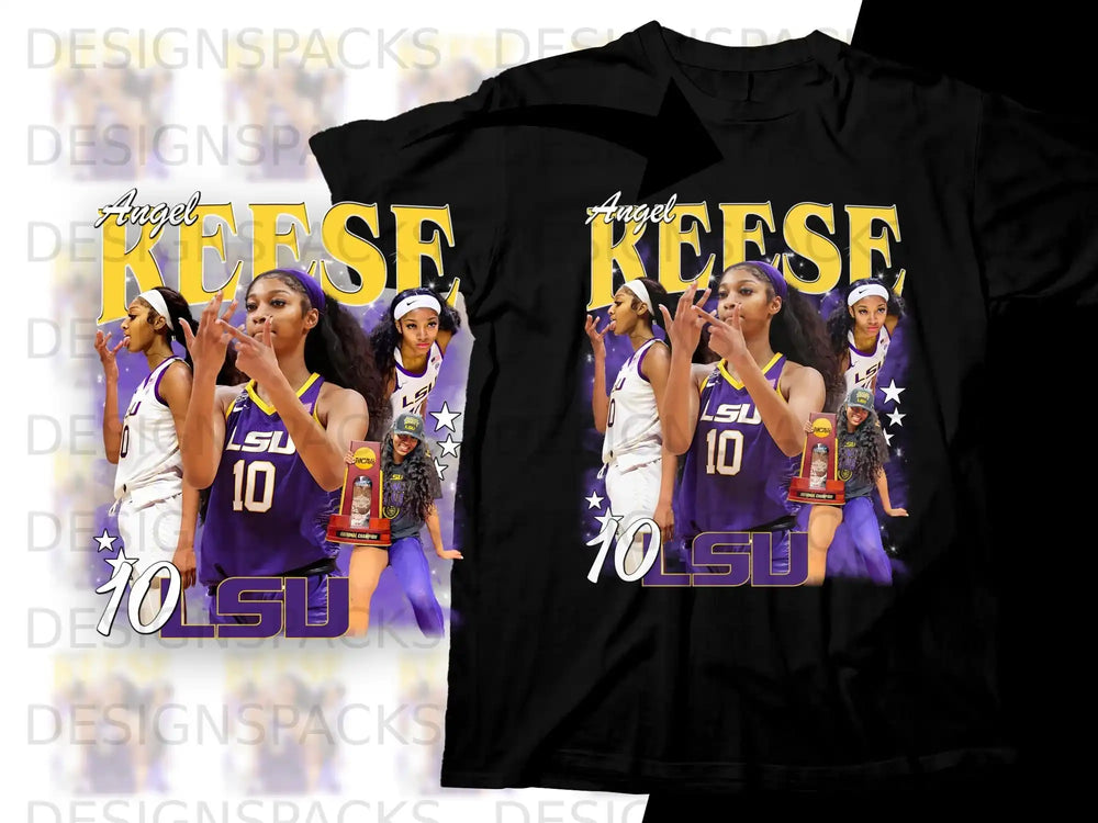 Two t-shirts feature a basketball player with "Angel Reese" and "10 LSU" text.