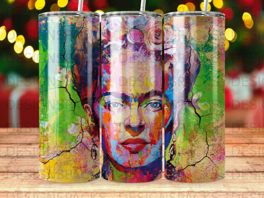 Frida Kahlo portrait art on a 20oz tumbler with colorful abstract background.
