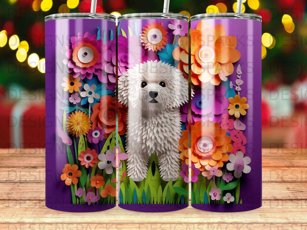 White fluffy dog amidst colorful floral and grass pattern.