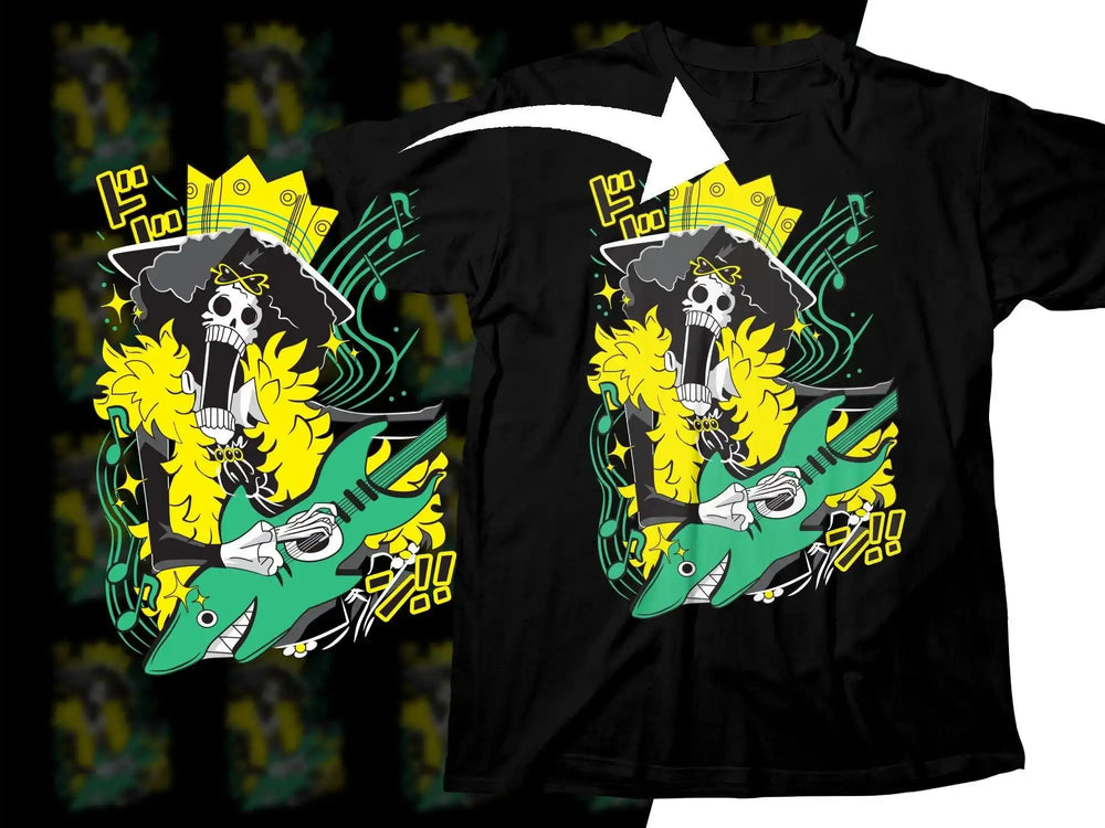 Skull with crown and guitar design on black t-shirt, vibrant yellow and green colors