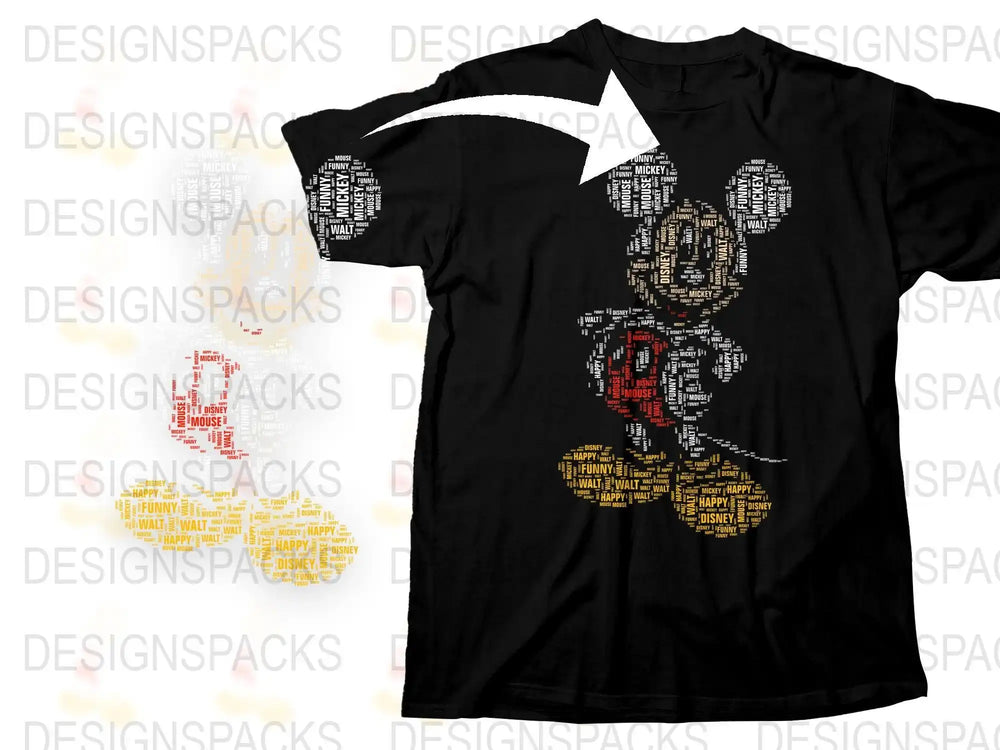 Black t-shirt with Mickey Mouse word art design, featuring Disney, Walt, Happy, Funny text in red, white, yellow