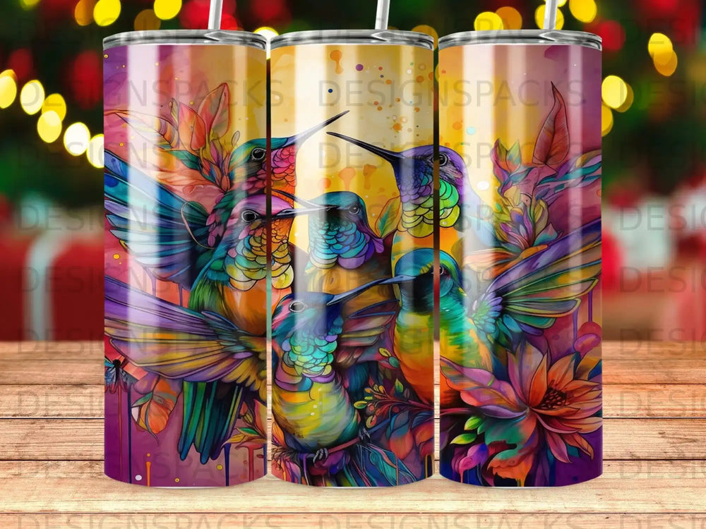 Tumbler with colorful hummingbirds and flowers on a bokeh background.