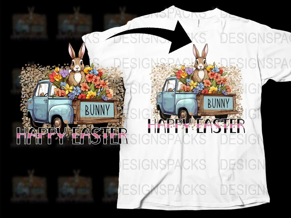 Easter bunny in floral truck design on white t-shirt, perfect for spring celebrations