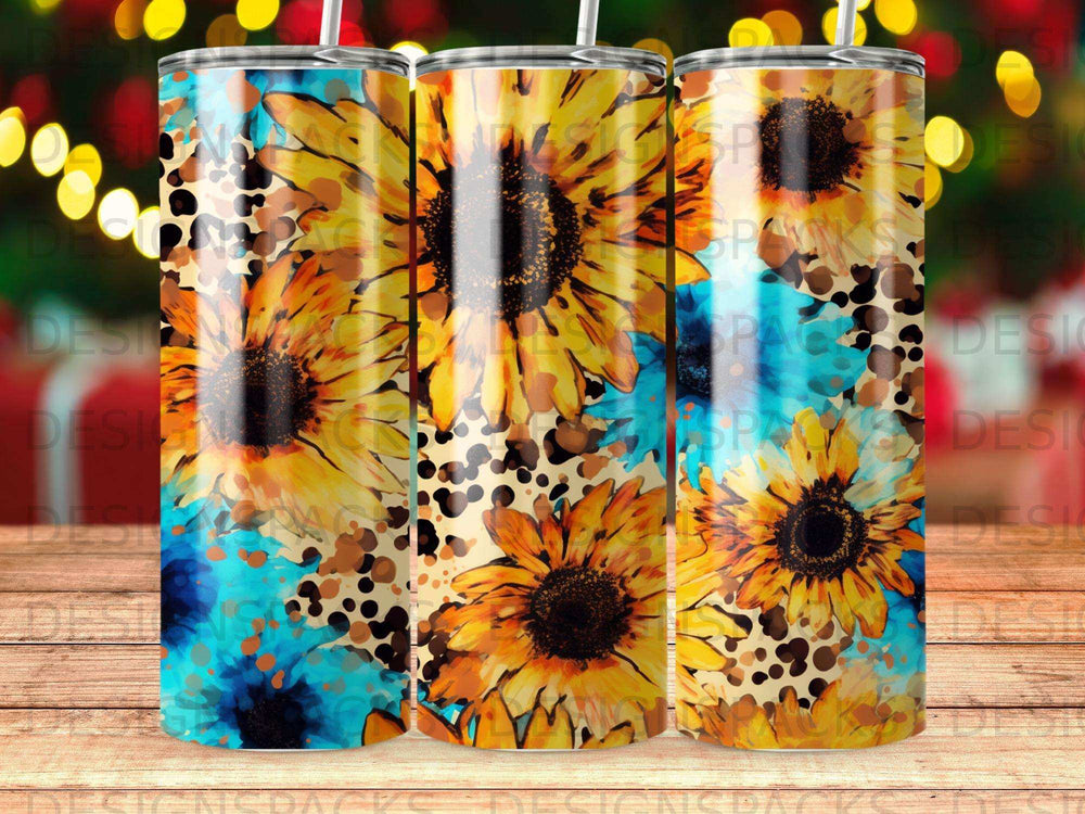 Three tumblers with sunflowers and leopard print design.