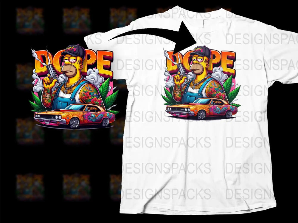 Dope Homer Simpson t-shirt design with tattooed character, classic car, and vibrant graphics
