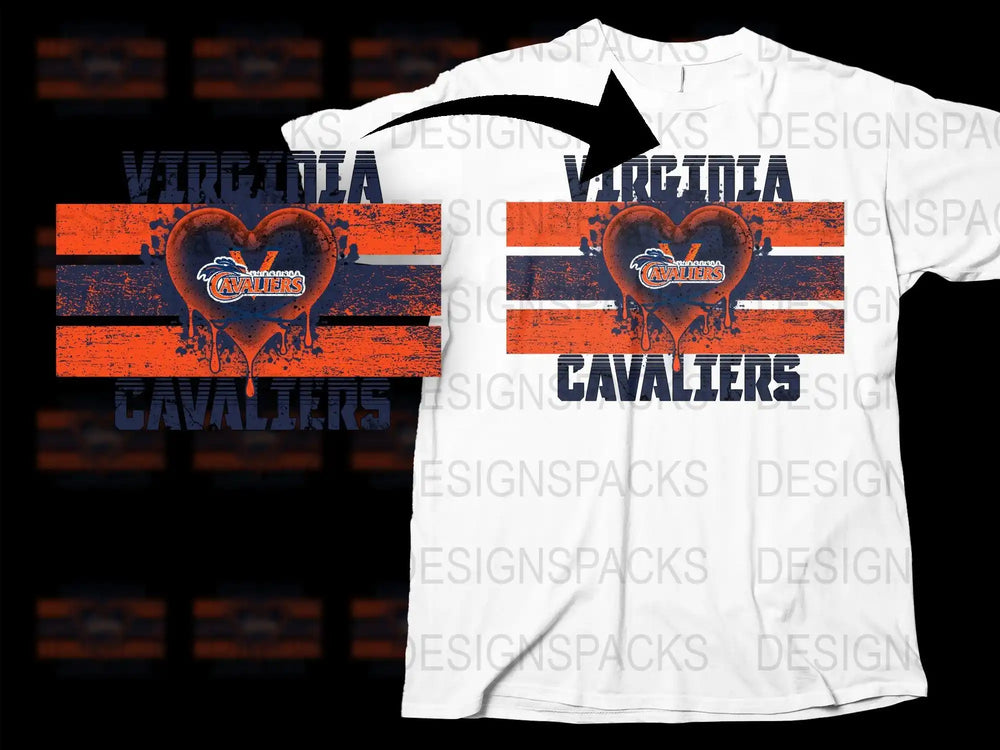 Virginia Cavaliers heart design t-shirt with orange and navy stripes, perfect for fans and print-on-demand.